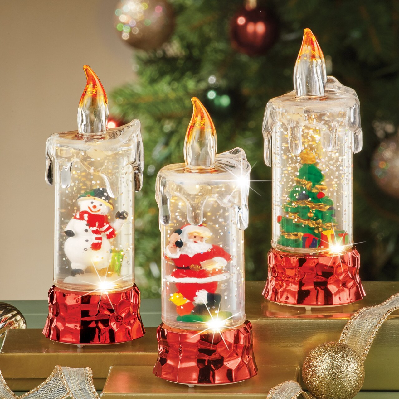 Collections Etc Lighted Glittery Snow Globe Christmas Candles - Set of 3